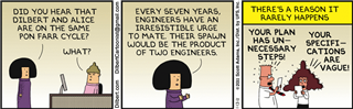 Dilbert cartoon; Dilbert & Alice as engineers are both in pon farr, but criticise each other for vague specifications